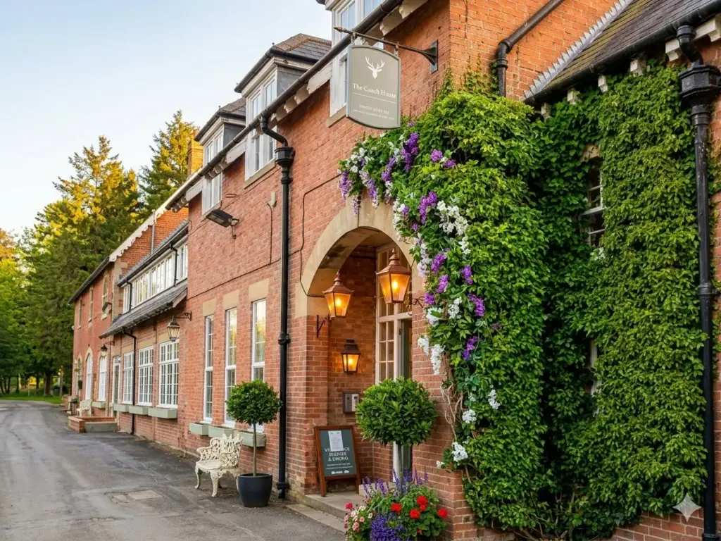 The Coach House Otterburn restaurant exterior with brickwork and greenery