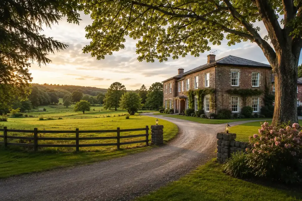 Serene countryside manor at sunset