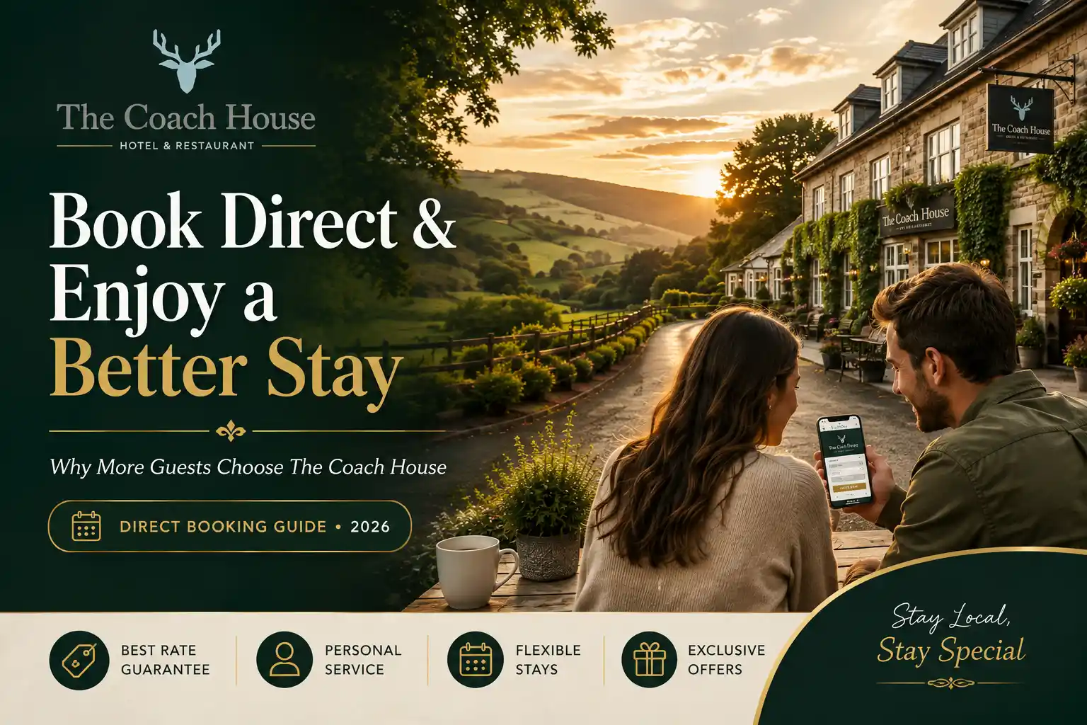 Couple booking a countryside stay directly with The Coach House in Otterburn, Northumberland.
