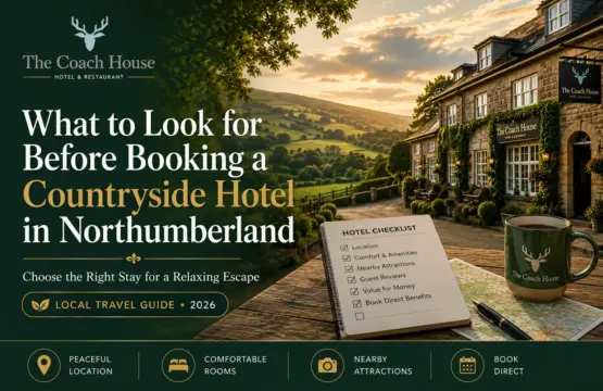 The Coach House in Otterburn surrounded by the beautiful Northumberland countryside at sunset.