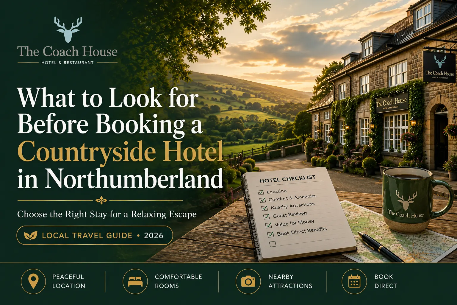 The Coach House in Otterburn surrounded by the beautiful Northumberland countryside at sunset.