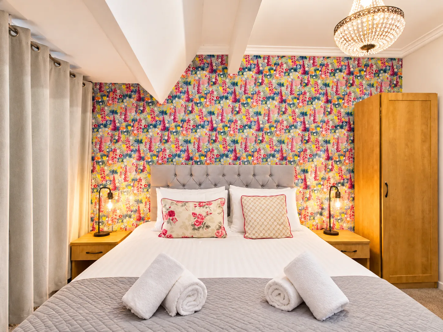 Floral Boutique Bedroom with Warm Lighting